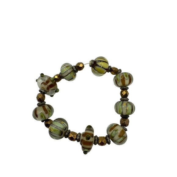 Chunky Beaded Stretch Bracelet in Green and Brown Glass Beads - Picture 2 of 4